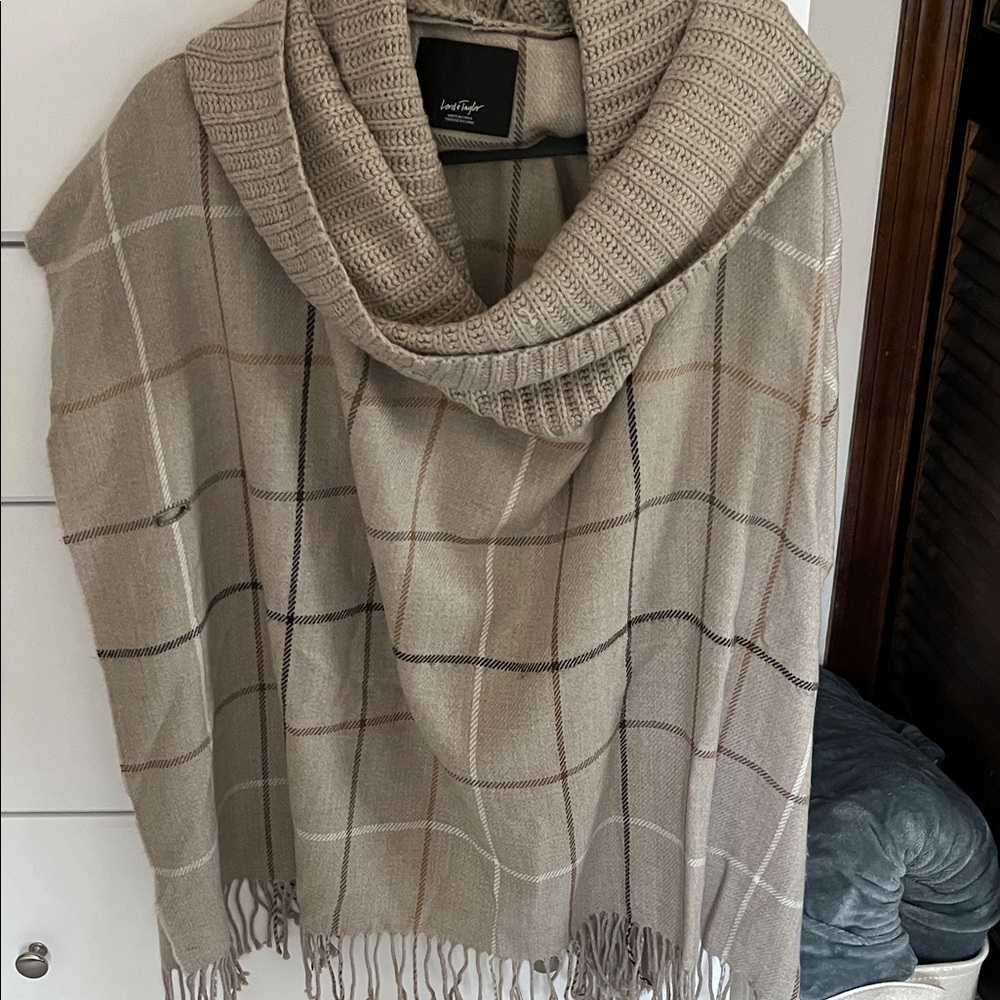 Lord & Taylor Taupe Plaid Fringe Knit Wrap